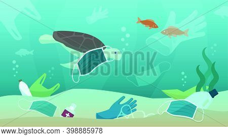 Coronavirus Covid-19 Waste And Pollution In Oceans: Surgical Masks, Disposable Gloves And Ssanitizer
