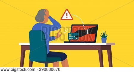 Scammer Stealing A Credit Card From A Senior Woman Online, Internet Fraud And Seniors Concept