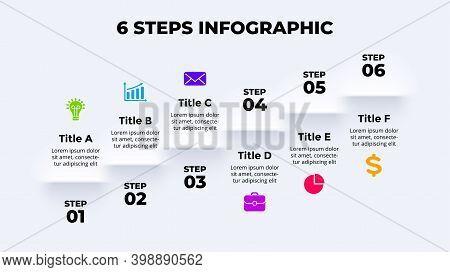 Neumorphic Vector Infographic. Presentation Slide Template. Shadows Stairs. 6 Steps Up. Neumorphism 