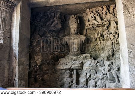 Mumbai, India - October 28, 2018: An Interior Of Unesco Certified Elephanta Cave With God Sculpture 