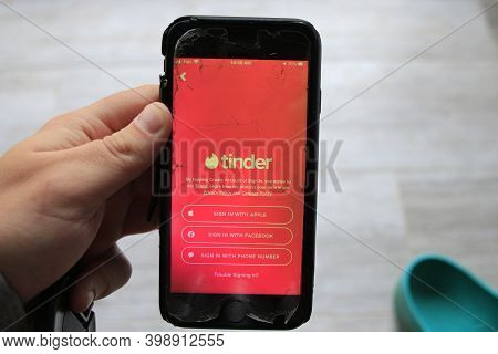 London Canada, November 16 2020: Editorial Illustrative Photo Of The Tinder App. Tinder Is The Large