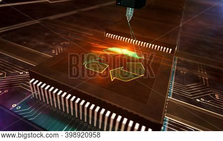 Recycling Electro-waste Symbol And Processor Factory 3D Illustration