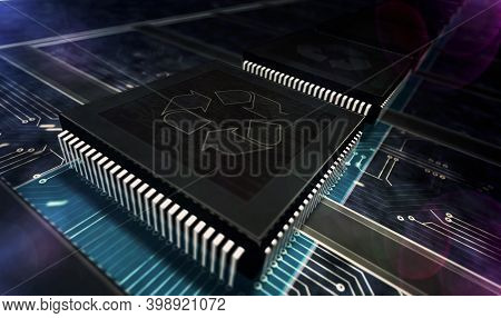 Recycling Electro-waste Symbol And Processor Factory 3D Illustration