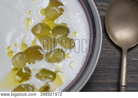 Traditional Spanish Dish, Cold Soup Ajo Blanco Or Ajoblanco From Garlic, Almonds, White Wine Vinegar