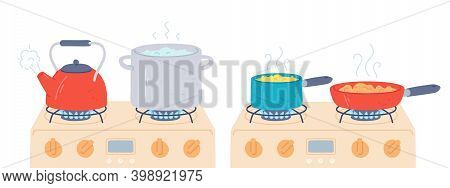 Pot And Pan On Stove. Preparing Food And Boiling Water In Saucepan And Kettle With Steam On Kitchen 