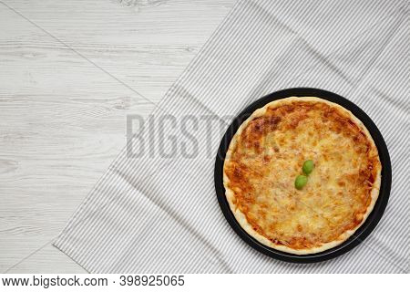 Homemade Neopolitan Pizza With Cheese And Basil, Top View. Flat Lay, From Above, Overhead. Space For