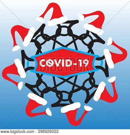 Icon With Coronavirus In A Red Medical Mask With Santa Claus Hats, Covid-19, Virus, Illustration Lil