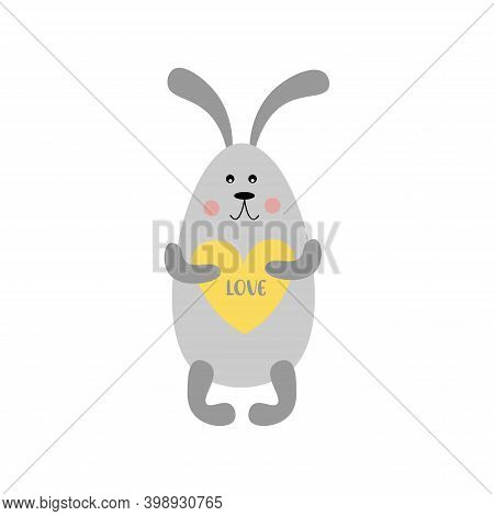 Kids Cartoon Illustration Of A Cute Bunny. Ultimate Gray And Yellow Colors. Valentine's Day. Baby Va