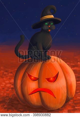 Funny Halloween Illustration Of An Unhappy Black Cat, Sitting On Am Unhappy Pumpkin