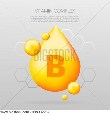 Vitamin B Shining Pill Capcule Icon. Shining Golden Substance Drop. Meds Ads. Beauty Treatment Nutri