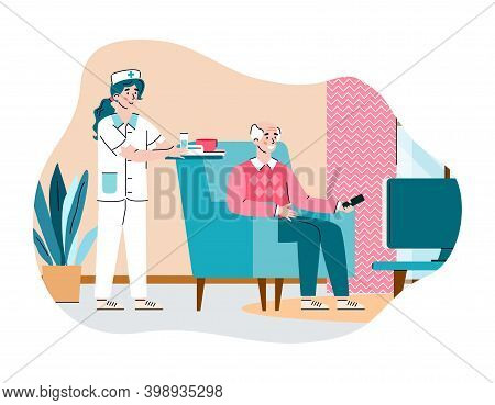 Doctor Care Elderly Man In Nursing Home. Female Nurse Brought Food For Male Senior Watching Tv. Hous