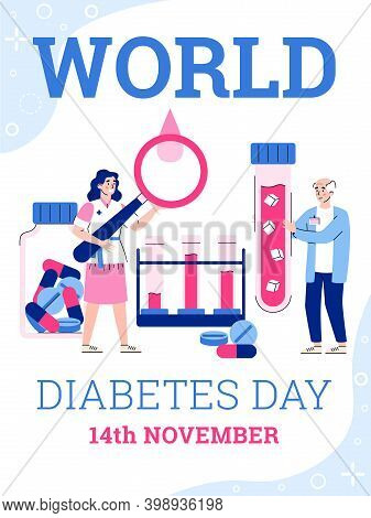 World Diabetes Day Banner Or Poster Layout With Cartoon Characters Of Doctor And Elderly Patient, Fl
