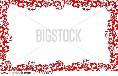 Frame Made Of Caramel, Striped Red-white Candies. Lollipops And Candycane Hand-drawn With A Dark Out