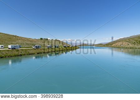 Twizel New Zealand - November 11 2020; Famous Turquoise Trout And Salmon Fishing Destination Ohau Ca