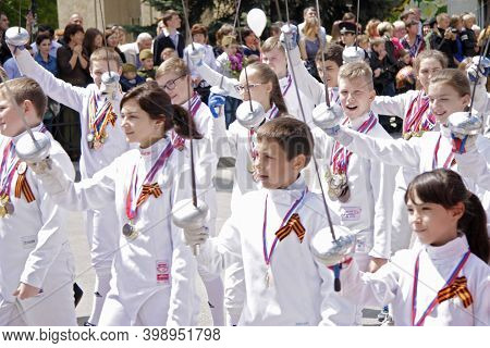 Russian Young Sportsmens On Victory Parade Of The 71th Anniversary Of The Victory Day, Pyatigorsk Ru
