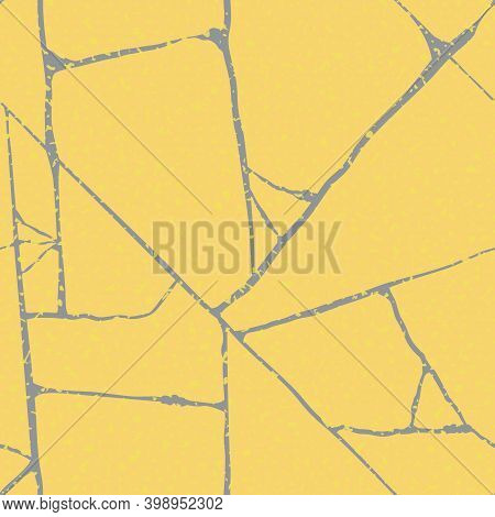 Gold Kintsugi Crack Vector Seamless Pattern Background. Golden Irregular Joined Lines On Black Backd