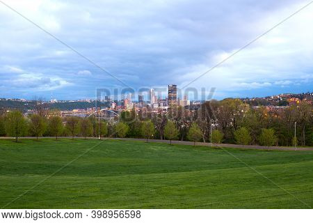 Schenley Park At Oakland Neighborhood And Downtown City Skyline,  Pittsburgh, Pennsylvania, United S