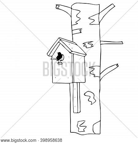 Black Hand Drawn Outline Vector Illustration Of A Bird And A Birdhouse Or Squirrel House For Birds O