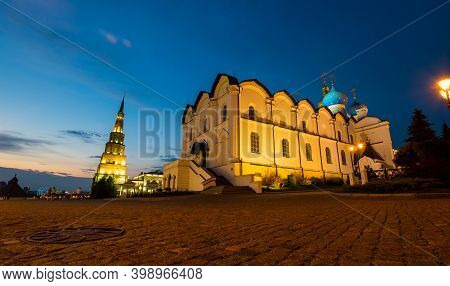 Leaning Tower Syuyumbike And Cathedral Of The Annunciation In The Kazan Kremlin, Kazan, Russia