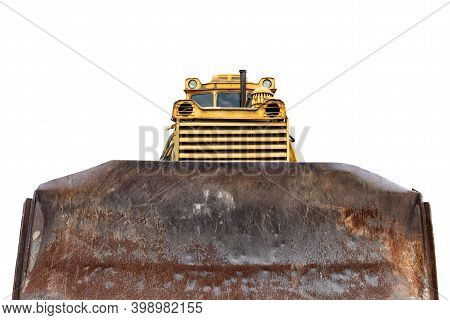 Front View Of Big Bucket Old Rusty Huge Heavy Bulldozer Loader Tread Or Wheel Tractor Isolted On Whi