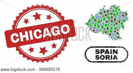 Vector Covid-2019 Christmas Composition Soria Province Map And Chicago Grunge Stamp Seal. Chicago Se