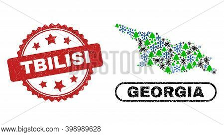 Vector Pandemic Christmas Collage Georgia Map And Tbilisi Textured Stamp Print. Tbilisi Stamp Seal U