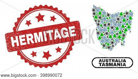 Vector Covid New Year Combination Tasmania Island Map And Hermitage Dirty Seal. Hermitage Watermark 