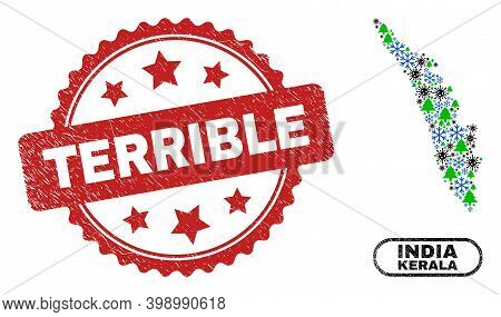 Vector Covid-2019 Christmas Collage Kerala State Map And Terrible Corroded Stamp. Terrible Stamp Use