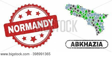 Vector Covid New Year Collage Abkhazia Map And Normandy Grunge Seal. Normandy Imprint Uses Rosette S
