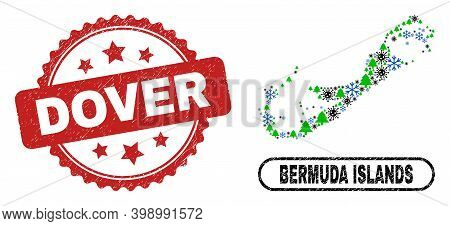 Vector Pandemic New Year Combination Bermuda Islands Map And Dover Textured Seal. Dover Stamp Seal U