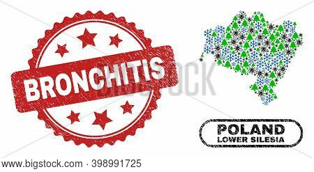 Vector Covid-2019 Winter Collage Lower Silesian Voivodeship Map And Bronchitis Corroded Stamp. Bronc