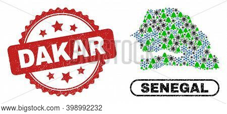 Vector Coronavirus Christmas Collage Senegal Map And Dakar Grunge Stamp Print. Dakar Stamp Uses Rose