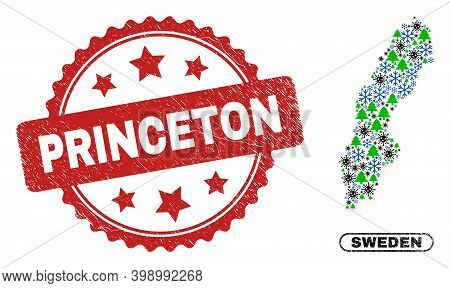 Vector Covid Winter Combination Sweden Map And Princeton Unclean Stamp Seal. Princeton Stamp Seal Us
