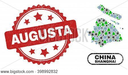 Vector Pandemic Winter Mosaic Shanghai City Map And Augusta Corroded Stamp Seal. Augusta Stamp Seal 