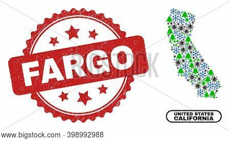 Vector Covid New Year Collage California State Map And Fargo Scratched Seal. Fargo Watermark Uses Ro