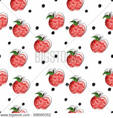 Seamless Pattern With Illustration Of Fruits, Bananas And Apple On White Background. Tropical Abstra