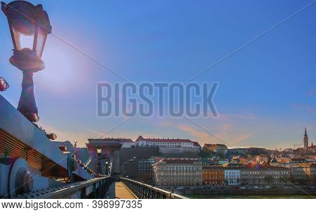 Budapest, Hungary, March 2020, close up of a lamp post on the Széchenyi Chain Bridge