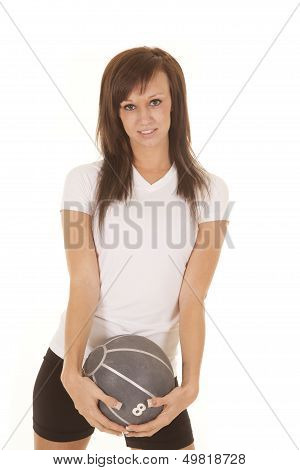 Woman Fitness White Shirt Medicine Ball Holding