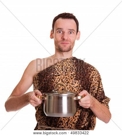 Wild Man With Cooked Food In A Stew Pan