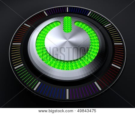 Start Button With Glowing Green Lights On Dark Console