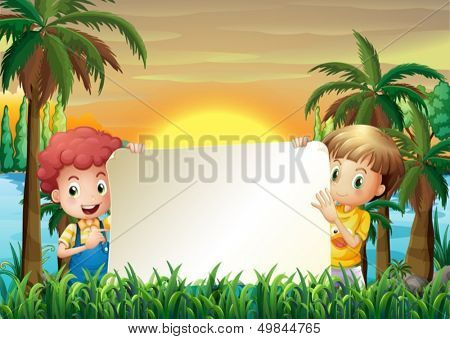 Illustration of the two kids at the riverbank holding an empty signage