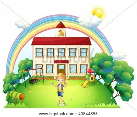 Illustration of a girl standing in front of a big building on a white background