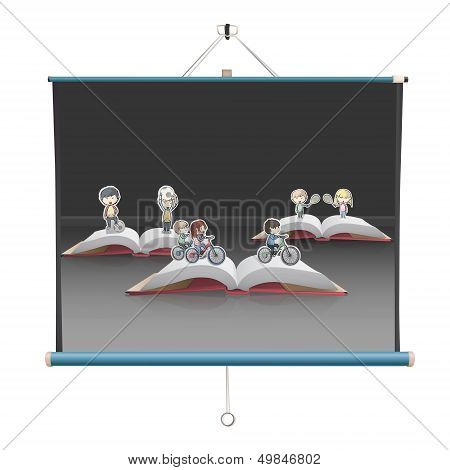 Book Collections Over Projector Screen. Vector Design