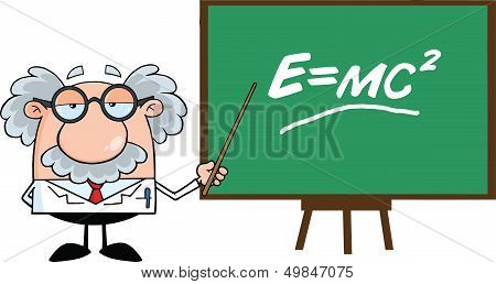 Funny Scientist Or Professor With Pointer Presenting Einstein Formula