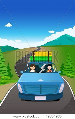Coppia guida un'auto in corso A Road Trip