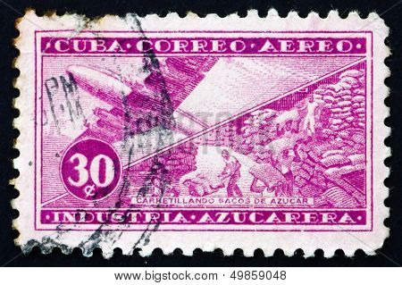 Postage Stamp Cuba 1954 Plane And Sacks Of Sugar