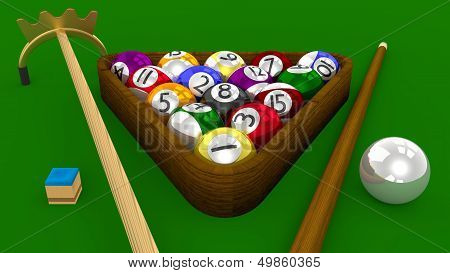 8 Ball Pool 3D Game - All Balls Racked With Accessories On Green Table