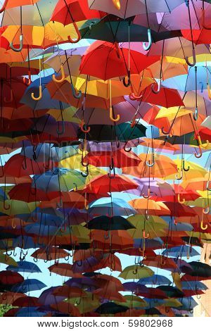 Street decorated with colored umbrellas.Madrid, Spain