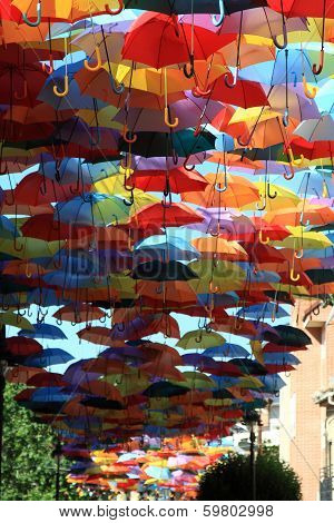 Street decorated with colored umbrellas.Madrid, Spain