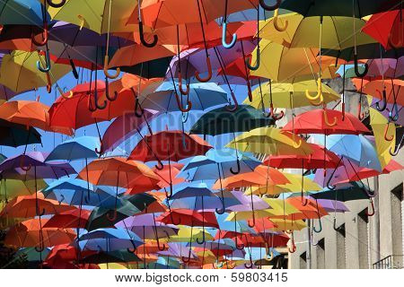 Street decorated with colored umbrellas.Madrid, Spain